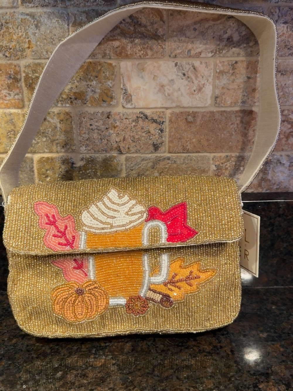 Beaded Fall Pumpkin Latte Shoulder Bag - Gold Tone